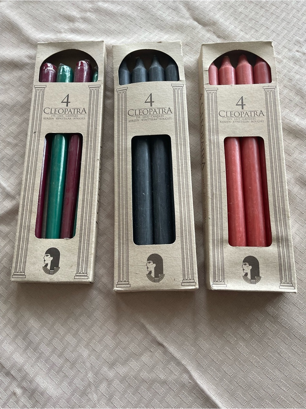 Cleopatra Pack of 4 Taper Candles — Green, Black, Pink/Red 3 Packs
